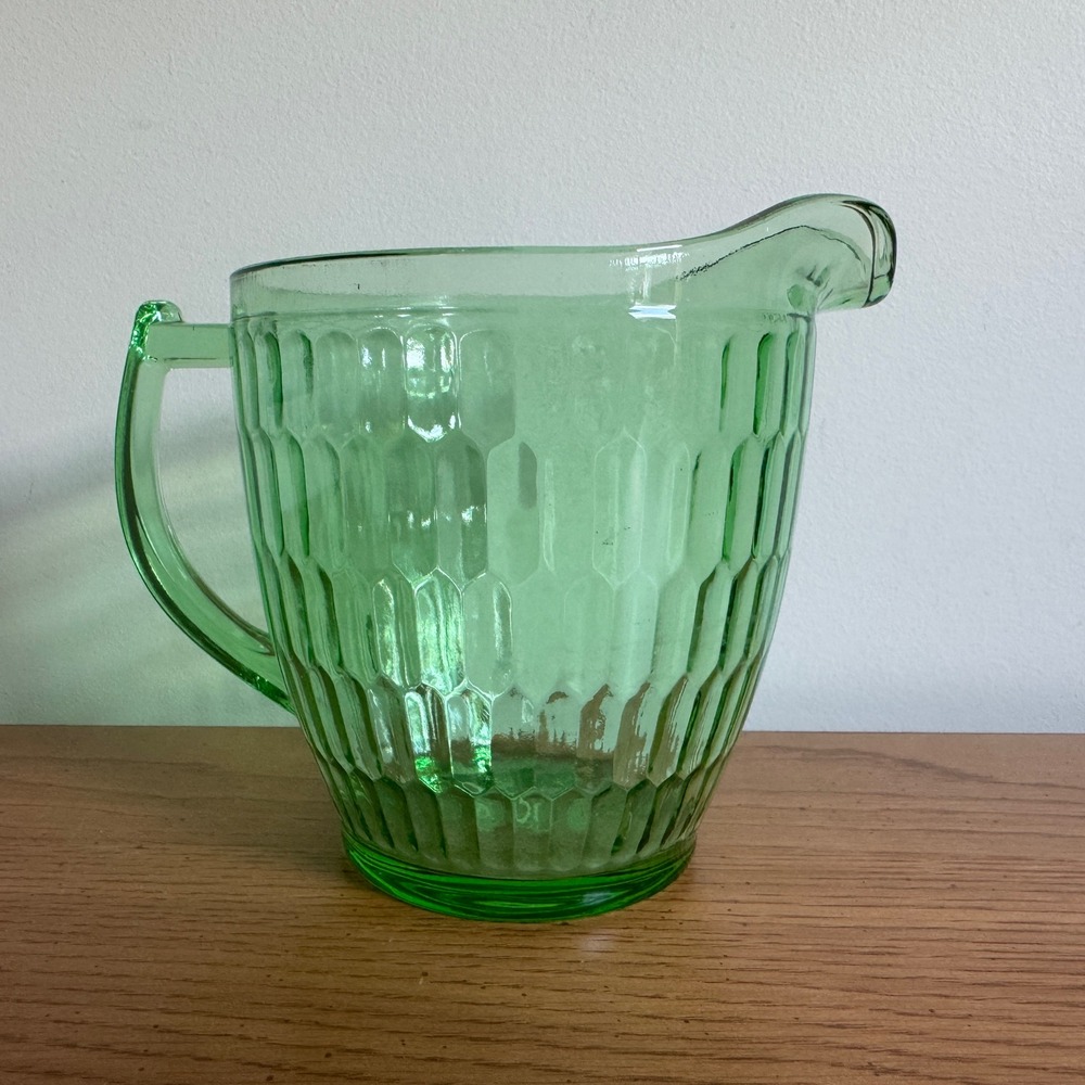 Teleflora 75 Years‎ Anniversary Green Glass Pitcher Honeycomb Ribbed Vintage